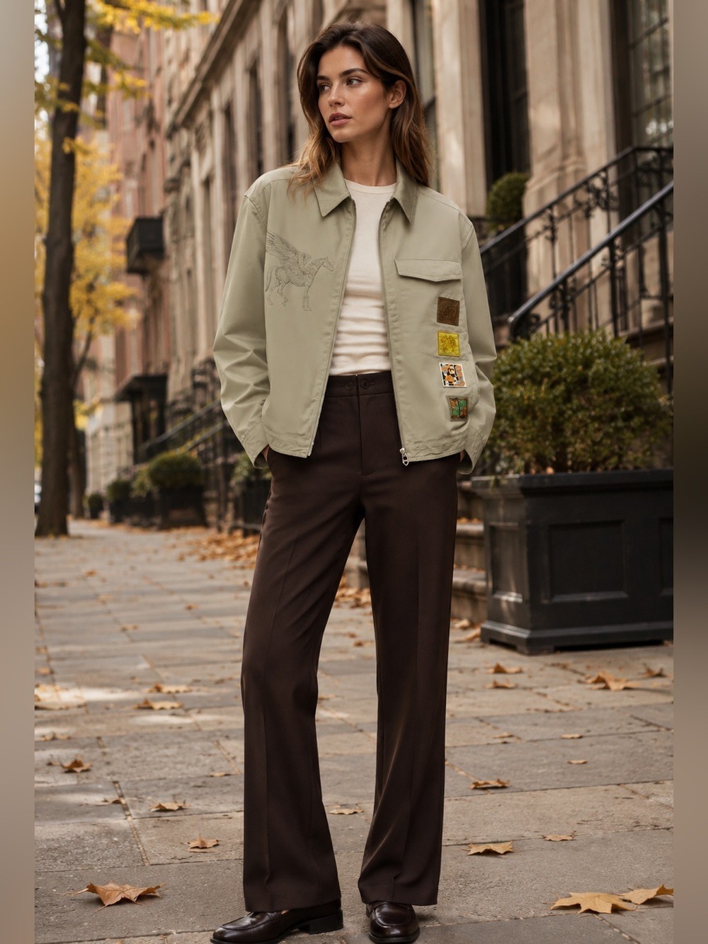 Hermès 2023 Pegasus Embroidered Patch Zip Jacket Khaki S